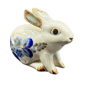 Mexican Tonala Bunny Rabbit Hand Painted Blue Flower Figurine Easter 5" H x 5" W